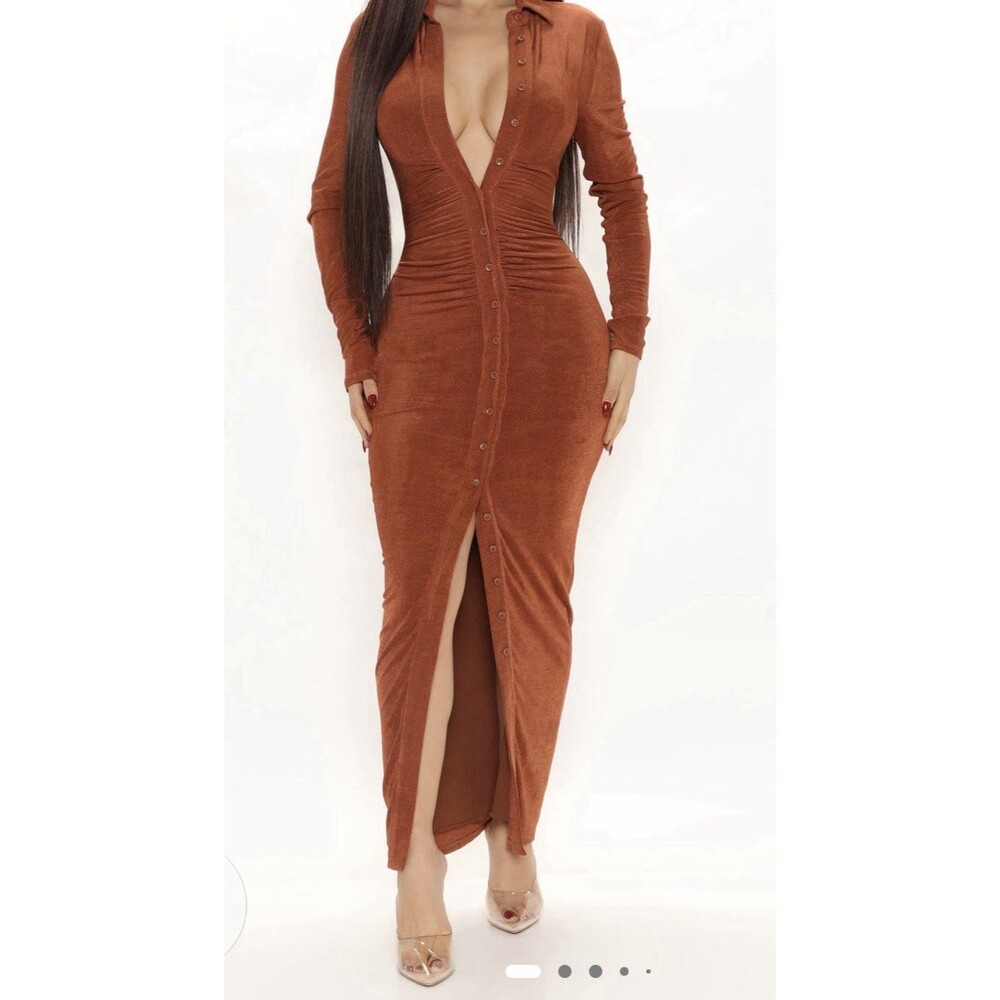 NWT FASHION NOVA Slinky Runched Button Maxi Dress Copper Sz M